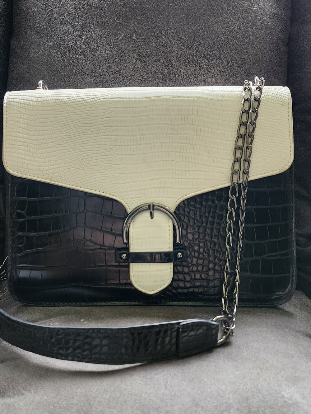 Two-Tone Black and Cream Croc-Embossed Shoulder Bag